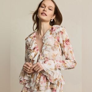 And the why Floral Ruffle Button Down Blouse - Pink and Cream